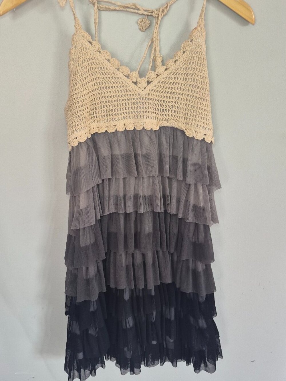 River Island Crochet Tiered Ruffle Mesh Ombre Dress Medium Boho Fairycore Grey